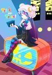  bad_id bad_pixiv_id bat book cameo capelet cosplay crescent grin hat holding holding_book jack-o'-lantern kirisame_marisa long_hair looking_at_viewer mary_janes numako one_eye_closed panty_&amp;_stocking_with_garterbelt patchouli_knowledge patchouli_knowledge_(cosplay) purple_eyes purple_hair scarlet_devil_mansion shoes sitting smile solo stocking_(psg) striped striped_legwear television thighhighs touhou trick_or_treat vertical_stripes 