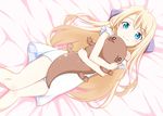  bed_sheet blonde_hair blue_eyes blush chomo_(asymmate) long_hair looking_at_viewer lying original smile solo 