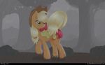  applejack_(mlp) blonde_hair cowboy_hat cub cutie_mark duo english_text equine eyes_closed female feral friendship_is_magic fur green_eyes hair hat horse mammal mud my_little_pony orange_fur outside pony rain ratofdrawn red_hair sibling siblings sisters text tree wood yellow_fur young 