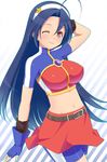  ahoge asamiya_athena asamiya_athena_(cosplay) belt bike_shorts blue_hair breasts cosplay covered_nipples fingerless_gloves gloves hair_ornament hairband idolmaster idolmaster_(classic) large_breasts long_hair midriff miura_azusa navel red_eyes shougi_(116) skirt smile solo star star_hair_ornament the_king_of_fighters the_king_of_fighters_2002 