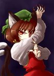  animal_ears brown_hair cat_ears cat_tail chen fingernails hat jewelry long_fingernails mazume multiple_tails red_eyes short_hair single_earring solo tail touhou 
