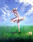  :d absurdres arm_up bad_id bad_pixiv_id brown_hair cloud day dress flower grass hat highres hmniao leg_up open_mouth original paper_airplane purple_eyes short_hair sky smile solo white_dress 