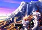  animal_ears autumn bazooka brown_eyes detached_sleeves fgm-148_javelin fortress gun hat inubashiri_momiji looking_at_viewer mountain multiple_girls profile red_eyes rifle scenery short_hair silver_hair sniper_rifle tail tokin_hat touhou tsubasa_(abchipika) water waterfall weapon wolf_ears wolf_tail youkai_mountain 