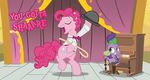  absurd_res bow_tie bowler_hat cane clothing crossgender curtains cutie_mark dragon english_text equine eyes_closed female feral friendship_is_magic fur green_eyes hair hat hi_res horse male mammal musical_instrument my_little_pony open_mouth performing piano pink_body pink_fur pink_hair pinkie_pie_(mlp) pony purple_body scalie shirt spike_(mlp) stage text trotsworth 