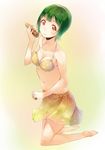  bad_id bad_pixiv_id barefoot bikini breasts cleavage collarbone green_hair hairband hanarito holding idolmaster idolmaster_(classic) idolmaster_2 kneeling looking_at_viewer medium_breasts mole mole_under_mouth navel orange_eyes otonashi_kotori print_sarong sarong short_hair smile solo swimsuit yellow_bikini yellow_sarong 