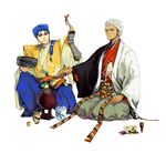  archer blue_eyes blue_hair chopsticks crimo dark_skin dark_skinned_male fate/stay_night fate_(series) fish japanese_clothes kimono lancer long_hair male_focus multiple_boys ponytail red_eyes white_hair 