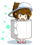  blush_stickers brown_hair chibi drill_hair hat highres open_mouth original personification poop red_star_(toranecomet) slippers smile solo squat_toilet standing toilet toilet_paper what yellow_eyes 