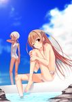  bad_id bad_pixiv_id barefoot bikini blonde_hair crossdressing dark_skin dark_skinned_male leg_hug long_hair male_focus multiple_boys one_eye_closed original otoko_no_ko red_eyes saikawa_yusa short_hair silver_hair sitting soaking_feet swimsuit water 