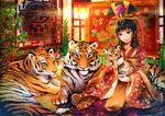  animal black_hair branch chinese_clothes cub dalachi_(headdress) flower food fruit hair_ornament hanfu holding leaf light long_hair looking_at_viewer lulu_season md5_mismatch original peach resized sitting smile tiger upscaled window yellow_eyes 