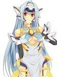  blue_hair breasts fukunaga_kazuhiro highres kos-mos kos-mos_ver._4 long_hair medium_breasts red_eyes simple_background solo underboob very_long_hair white_background xenosaga 