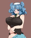  bald_spot blue_eyes blue_hair blush breasts chiyoshi_(sevendw) cucumber impossible_clothes impossible_shirt kappa kawashiro_nitori large_breasts looking_at_viewer navel shirt solo tank_top touhou two_side_up webbed_hands 