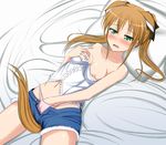  akiamare animal_ears bad_id bad_pixiv_id bare_shoulders bed_sheet blush breasts brown_hair bustier cosplay dog_days dog_ears dog_tail green_eyes hair_ribbon hand_in_panties kemonomimi_mode leonmitchelli_galette_des_rois leonmitchelli_galette_des_rois_(cosplay) long_hair lying masturbation medium_breasts nipple_slip nipples on_back panties pillow pussy_juice pussy_juice_stain rebecca_anderson ribbon shorts solo tail tears twintails underwear wet wet_clothes wet_panties 