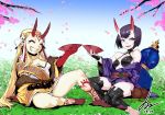  2girls absurdres alcohol arm_tattoo bare_shoulders barefoot black_hair black_panties blonde_hair bob_cut breasts cherry_blossoms choker cleavage commentary cup day earrings eyes_closed facial_mark fate/grand_order fate_(series) forehead_mark gourd greaves grin highres horns ibaraki_douji_(fate/grand_order) japanese_clothes jewelry kimono leg_tattoo long_hair looking_at_viewer minew multiple_girls neck_tattoo obi off_shoulder oni oni_horns open_clothes open_kimono panties pantyshot pantyshot_(sitting) purple_eyes purple_hair purple_kimono revealing_clothes sakazuki sake sash sharp_teeth sharp_toenails short_eyebrows short_hair shoulder_tattoo shuten_douji_(fate/grand_order) sitting small_breasts smile tattoo teeth toenails toes underwear white_panties yellow_kimono yokozuwari 