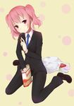  bad_id bad_pixiv_id bag blush candy food formal holding inu_x_boku_ss lollipop looking_at_viewer necktie pink_eyes pink_hair pocky roromiya_karuta shopping_bag short_twintails sitting solo suit swirl_lollipop taiyaki_(astre) twintails wariza 