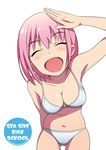  bad_id bad_pixiv_id bikini breasts cleavage closed_eyes leaning_forward medium_breasts original pink_hair salute short_hair solo swimsuit umigraphics 