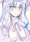  fukunaga_kazuhiro highres long_hair looking_at_viewer patchouli_knowledge purple_eyes purple_hair smile solo touhou traditional_media 