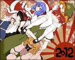  5girls ahoge black_hair blonde_hair blue_hair capelet carrying chiyoshi_(sevendw) closed_eyes drill_hair headwear_switch hong_meiling luna_child multiple_girls nagae_iku nose_bubble red_hair shoulder_carry sleeping star_sapphire sunny_milk touhou twintails 