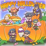  1girl 6+boys 6boys alfred_pennyworth apron astraea_f batgirl batman batman_(series) black_bat black_hair bodysuit boots brother brother_and_sister brothers bruce_wayne butler candy cape cassandra_cain chibi cupcake damian_wayne daughter dc_comics dick_grayson domino_mask doughnut eating family father father_and_son food gloves halloween ice_cream jason_todd lollipop lowres mask mittens multiple_boys nightwing pie pixiv_thumbnail pumkin pumpkin red_hood red_hood_(dc) red_robin robin_(dc) siblings sister sitting son swirl_lollipop tim_drake 