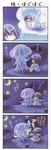  4koma absurdres artist_request beach blue_hair bob_cut chibi comic crab dancing detached_sleeves highres imagining jellyfish long_image moon night quilt_(game) short_hair sia_(quilt) squid tall_image tears translation_request 