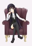  armchair bad_id bad_pixiv_id black_legwear blush chair crossed_legs full_body hair_tucking inu_x_boku_ss long_hair looking_at_viewer mary_janes purple_eyes school_uniform shirakiin_ririchiyo shoes simple_background sitting smile solo taiyaki_(astre) thighhighs white_background 