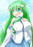  blush breasts covered_nipples detached_sleeves frog_hair_ornament green_eyes green_hair hair_ornament hair_tubes highres huge_breasts kochiya_sanae long_hair open_mouth skirt smile snake solo touhou zenon_(for_achieve) 