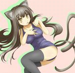  :p animal_ears blush breasts cat_ears cat_tail fukunaga_kazuhiro large_breasts long_hair multiple_tails one-piece_swimsuit original school_swimsuit smile solo swimsuit tail thighhighs tongue tongue_out very_long_hair 