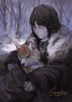  a_song_of_ice_and_fire absurdres bob_cut bran_stark brown_hair cape closed_eyes dog fur_trim highres puppy realistic riko233 signature snow summer_(a_song_of_ice_and_fire) wolf 