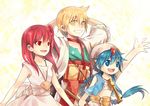 1girl 2_boys 2boys acelolo aladdin_(magi) ali_baba_saluja barefoot blonde_hair blue_eyes blue_hair dress fire flame flute happy instrument long_hair magi_the_labirynth_of_magic magi_the_labyrinth_of_magic morgiana multiple_boys open_mouth red_eyes red_hair side_ponytail simple_background smile white_dress yellow_eyes 