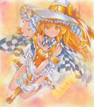  alternate_costume blonde_hair blush bow braid broom broom_riding cape checkered hat hat_ribbon kirisame_marisa long_hair looking_at_viewer mayo_riyo race_queen ribbon sample single_braid sitting skirt solo touhou traditional_media witch_hat wrist_cuffs yellow_eyes 