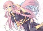  arm_up bad_id bad_pixiv_id black_legwear blue_eyes boots breasts headset large_breasts light_particles long_hair magister_(medical_whiskey) megurine_luka pink_hair smile solo tattoo thighhighs v vocaloid white_background 