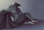  arm_support avian beak bird blanket blue_eyes cloth convenient_censorship corvid crow doirn doirn_(artist) feathers grey_background grey_body grey_feathers grey_theme looking_at_viewer male plain_background raven sheet signature sitting solo 