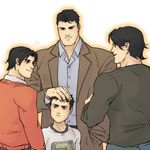  4boys batman_(series) black_hair blue_eyes brother brothers bruce_wayne damian_wayne dc_comics dick_grayson family father father_and_son hand_on_head male male_focus multiple_boys siblings son tim_drake 