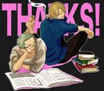  2boys blonde_hair book cigarette glasses green_hair male male_focus multiple_boys newspaper one_piece reading roronoa_zoro sanji smoking soredemoasahayattekuru zoro 