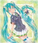  ;) aqua_eyes aqua_hair blush chibi employee_uniform familymart hatsune_miku long_hair looking_at_viewer mayo_riyo necktie one_eye_closed sample skirt smile thighhighs traditional_media twintails uniform very_long_hair vocaloid white_legwear 