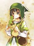  ao2222 bag black_eyes black_hair dragon_quest dragon_quest_vii green_shirt hat hero_(dq7) jacket lizard male_focus sepia_background shirt solo 