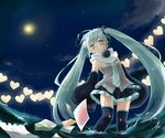  aqua_eyes aqua_hair detached_sleeves envelope hatsune_miku heart long_hair mochizuki_yomogi moon necktie night night_sky open_mouth scarf skirt sky solo thighhighs twintails very_long_hair vocaloid water 