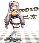  1girl 2019 apron bangs bare_shoulders black_flower black_footwear blush bow brown_dress brown_eyes brown_hair brown_skirt chinese_zodiac closed_mouth commentary_request dated detached_sleeves dress eyebrows_visible_through_hair flower frilled_apron frills hair_between_eyes hair_bow hair_flower hair_ornament hair_ribbon head_tilt heart heart_hair_ornament high_heels highres holding juliet_sleeves langbazi long_hair long_sleeves looking_at_viewer orange_bow original pig piggy_bank plaid pleated_skirt puffy_sleeves red_ribbon ribbon shadow shoes sidelocks signature skirt sleeveless sleeveless_dress smile solo standing standing_on_one_leg striped striped_bow striped_legwear twintails vertical-striped_legwear vertical_stripes very_long_hair white_apron white_background white_legwear wide_sleeves year_of_the_pig 