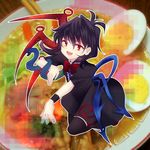  asymmetrical_wings bad_id bad_pixiv_id black_hair black_legwear bowl food houjuu_nue noodles open_mouth red_eyes short_hair short_sleeves smile soba solo thighhighs touhou uranaishi_(miraura) wings 