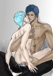  anal aomine_daiki blue_eyes blue_hair bottomless cum cum_in_ass cum_on_ass cum_on_body cum_on_stomach cum_on_upper_body cum_while_penetrated kuroko_no_basuke kuroko_tetsuya limp nipples nude pants_open sweat tears topless yaoi 