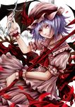  ascot bat_wings blue_hair hat hat_ribbon highres holding kazabana_fuuka looking_at_viewer md5_mismatch petals red_eyes remilia_scarlet ribbon solo touhou wings wrist_cuffs 