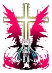  blue_hair cross fire fujiwara_no_mokou gradient_hair hair_over_one_eye highres kagu_(a_hazy_moon) long_hair multicolored_hair red_eyes silver_hair solo touhou wings 