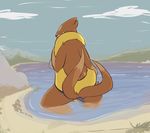  beach condom condom_in_mouth feathers_(artist) female floatzel green_eyes hi_res looking_at_viewer looking_back mammal multiple_tails mustelid nintendo otter pok&#233;mon pok&eacute;mon pussy pussy_juice raised_tail seaside solo standing video_games 