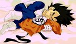  1boy artist_request bed bed_sheet black_hair boots clothes dougi dragon_ball dragonball_z eyebrows eyes_closed gi gloves holding japanese love lying male male_focus on_side sash sheets smile solo spiked_hair thick_eyebrows vegeta 