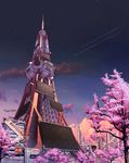  cherry_blossoms cloud condensation_trail culture_japan highres mirai_millennium no_humans pinakes scenery sky star_(sky) starry_sky tower transmission_tower tree twilight 