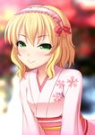  blonde_hair blurry blush depth_of_field green_eyes headdress idolmaster idolmaster_cinderella_girls japanese_clothes kimono looking_at_viewer sakurai_momoka short_hair smile solo totokichi 