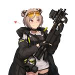  1girl bangs black_coat black_gloves blush buckle bullpup cero_(last2stage) choker collarbone commentary_request double_bun eyebrows_visible_through_hair eyewear_on_head gas_mask girls_frontline gloves gun heart highres holding holding_gun holding_weapon hood hood_down hooded_coat jacket korean_commentary light_brown_hair load_bearing_equipment open_clothes p90 p90_(girls_frontline) parted_bangs partly_fingerless_gloves red_eyes scope simple_background smile snap-fit_buckle solo spoken_heart submachine_gun sunglasses thigh_strap tinted_eyewear trigger_discipline weapon white_background 