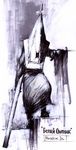  male_focus masahiro_ito monochrome monster official_art pyramid pyramid_head russian signature silent_hill silent_hill_2 sketch solo standing surreal watermark weapon 