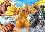  arthropod beak dragon fight flying godzilla godzilla_(series) horn insect kaiju king_ghidorah larva mothra multi_head multiple_tails not_furry pteranodon rock rodan scales scalie spines teeth unknown_artist wings 