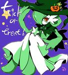  blush dress gardevoir green_hair halloween hat jack-o&#039;-lantern jack-o'-lantern kirikase kirikase123 nintendo no_humans pokemon red_eyes sitting solo trick_or_treat witch_hat 