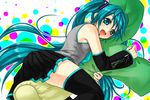  aqua_eyes aqua_hair detached_sleeves hatsune_miku kotobuki0101 long_hair open_mouth skirt solo spring_onion straddling thighhighs twintails very_long_hair vocaloid 